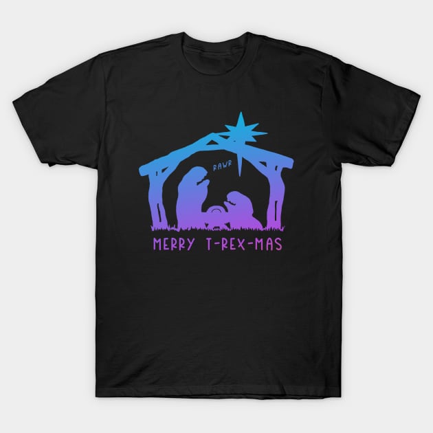 Christmas Cheer: Merry T-Rex-Mas (blue-purple text) T-Shirt by Ofeefee